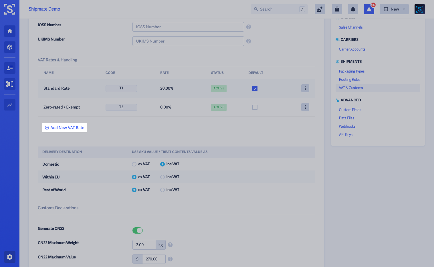 Shipmate - Settings - VAT and Customs - Add New VAT Rate Button