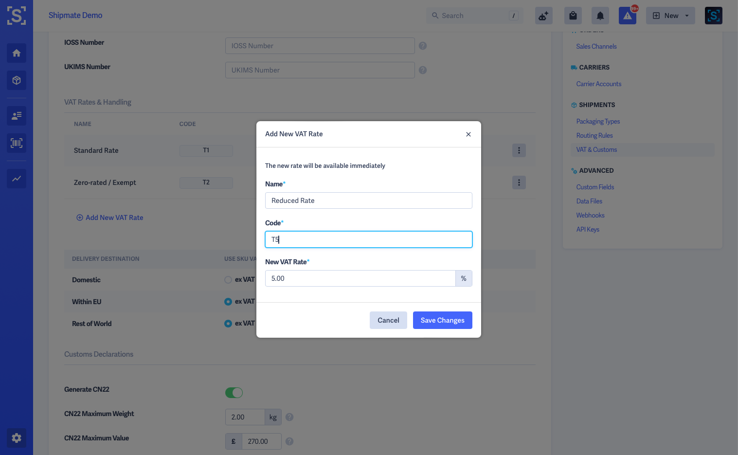 Shipmate - Settings - VAT and Customs - Add New VAT Rate Pop-Up