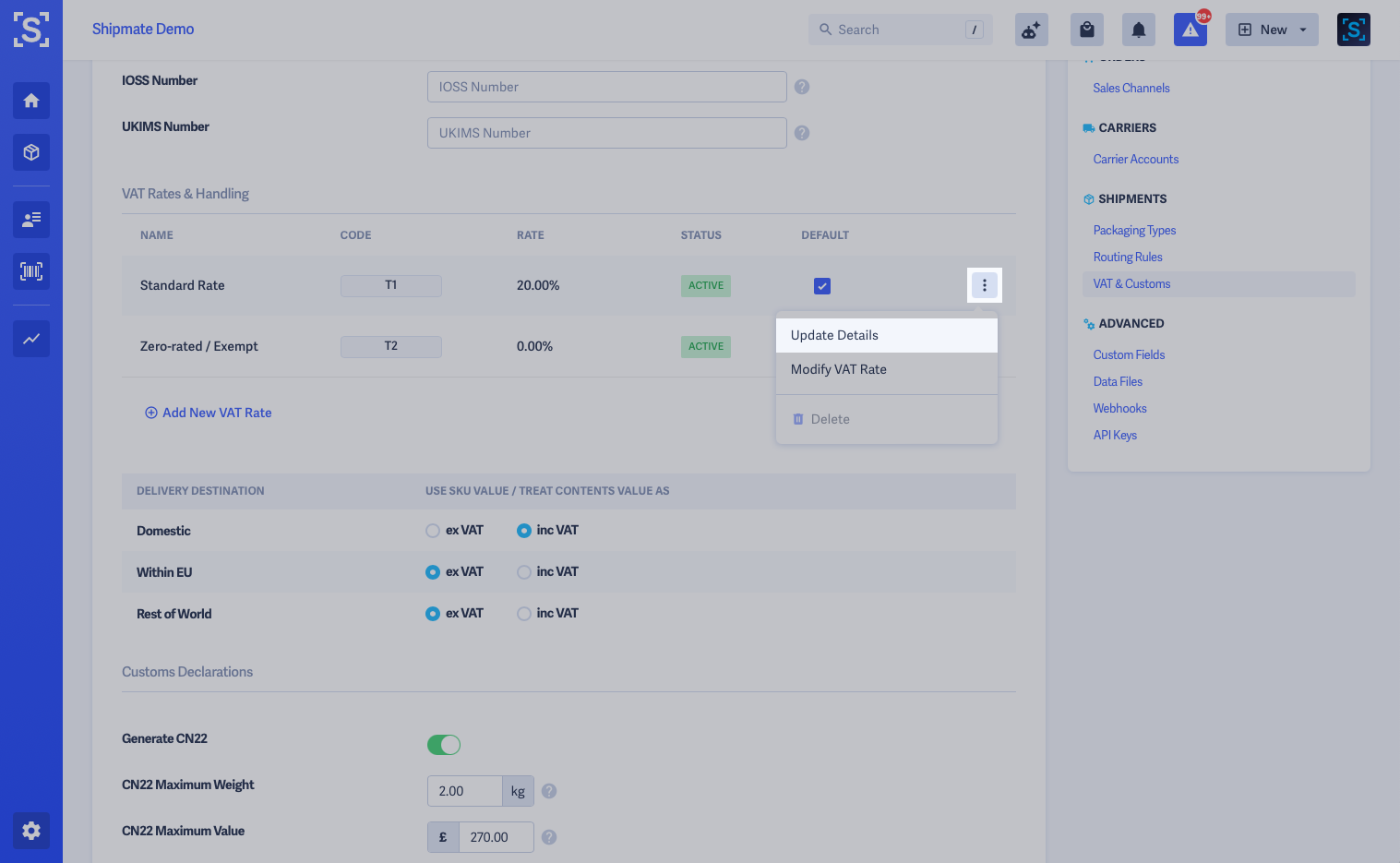 Shipmate - Settings - VAT and Customs - Update Details Button