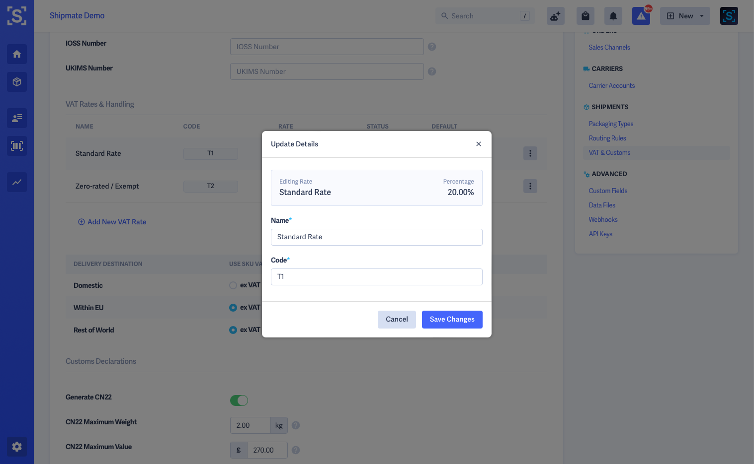 Shipmate - Settings - VAT and Customs - Update Details Pop-Up