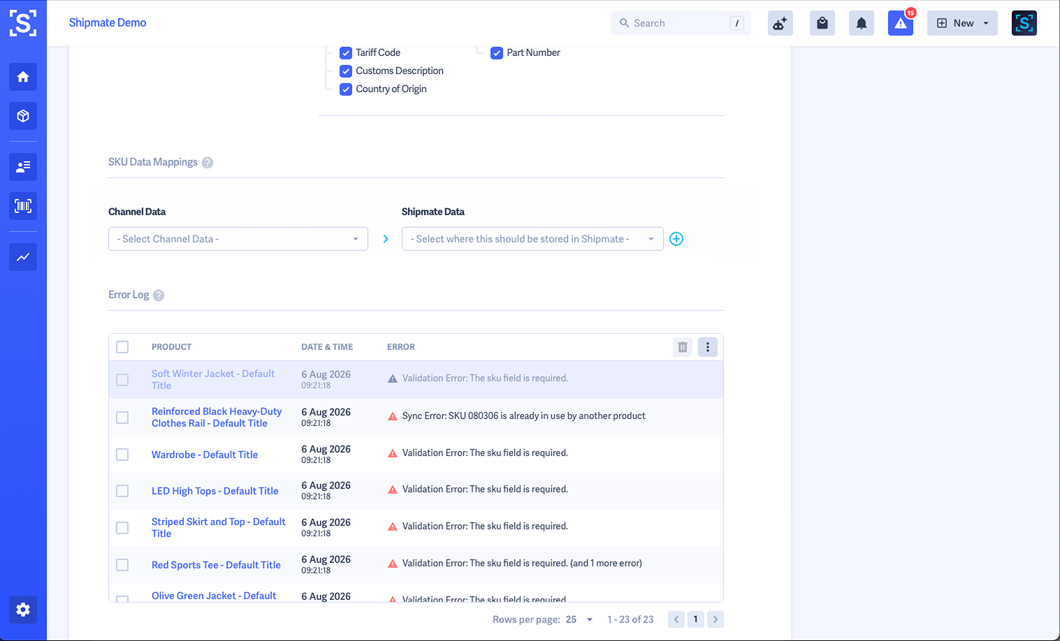 Shipmate - WooCommerce SKU Import - SKU Data Mappings