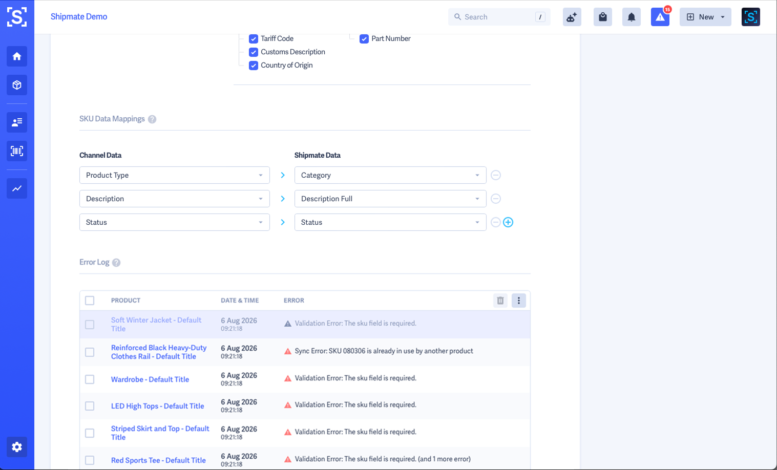 Shipmate - WooCommerce SKU Import - SKU Data Mappings