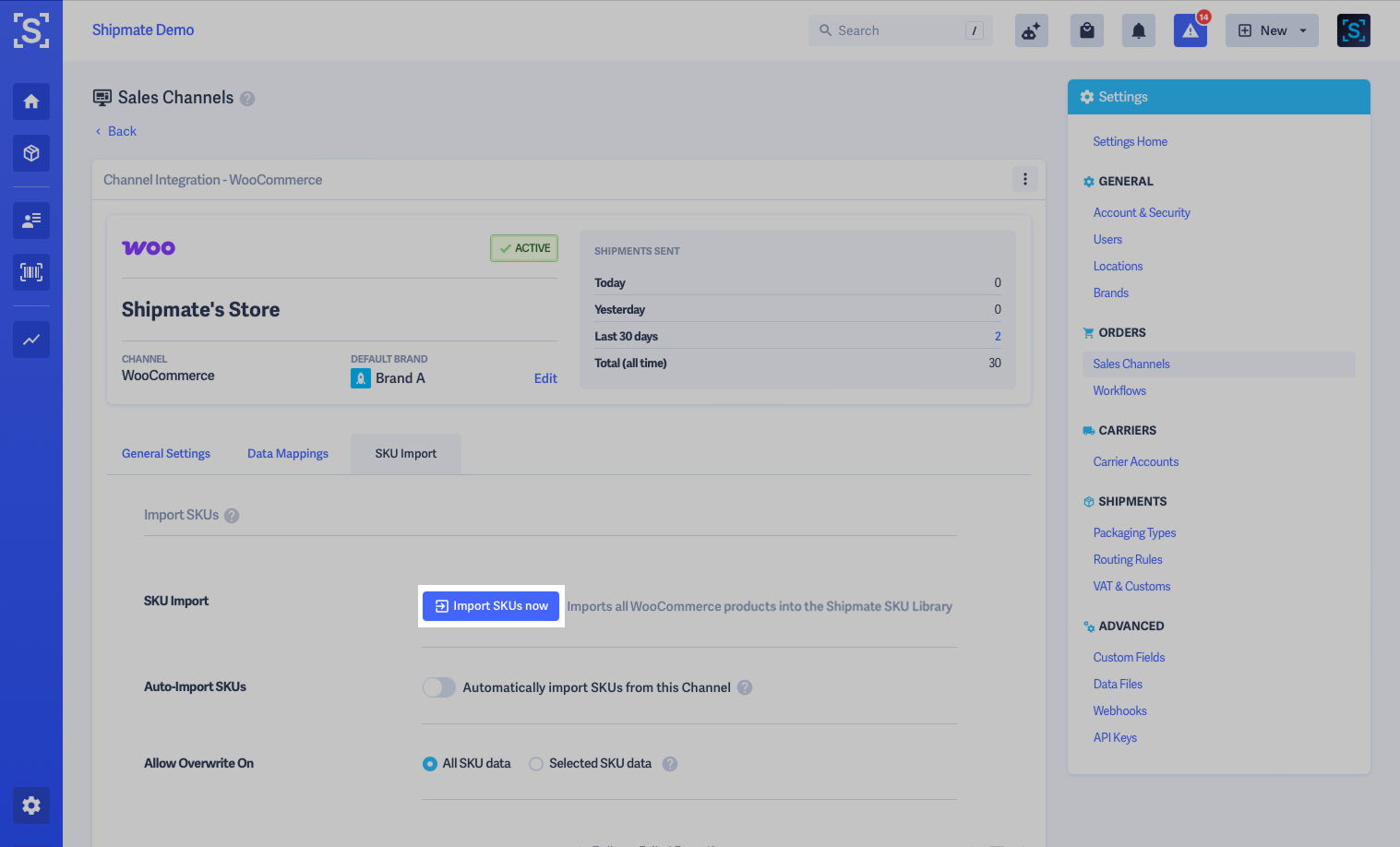 Shipmate - WooCommerce SKU Import - Import SKUs now button