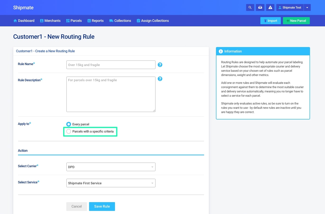 Shipmate - Your Account - Using Creating Routing Rule Criteria