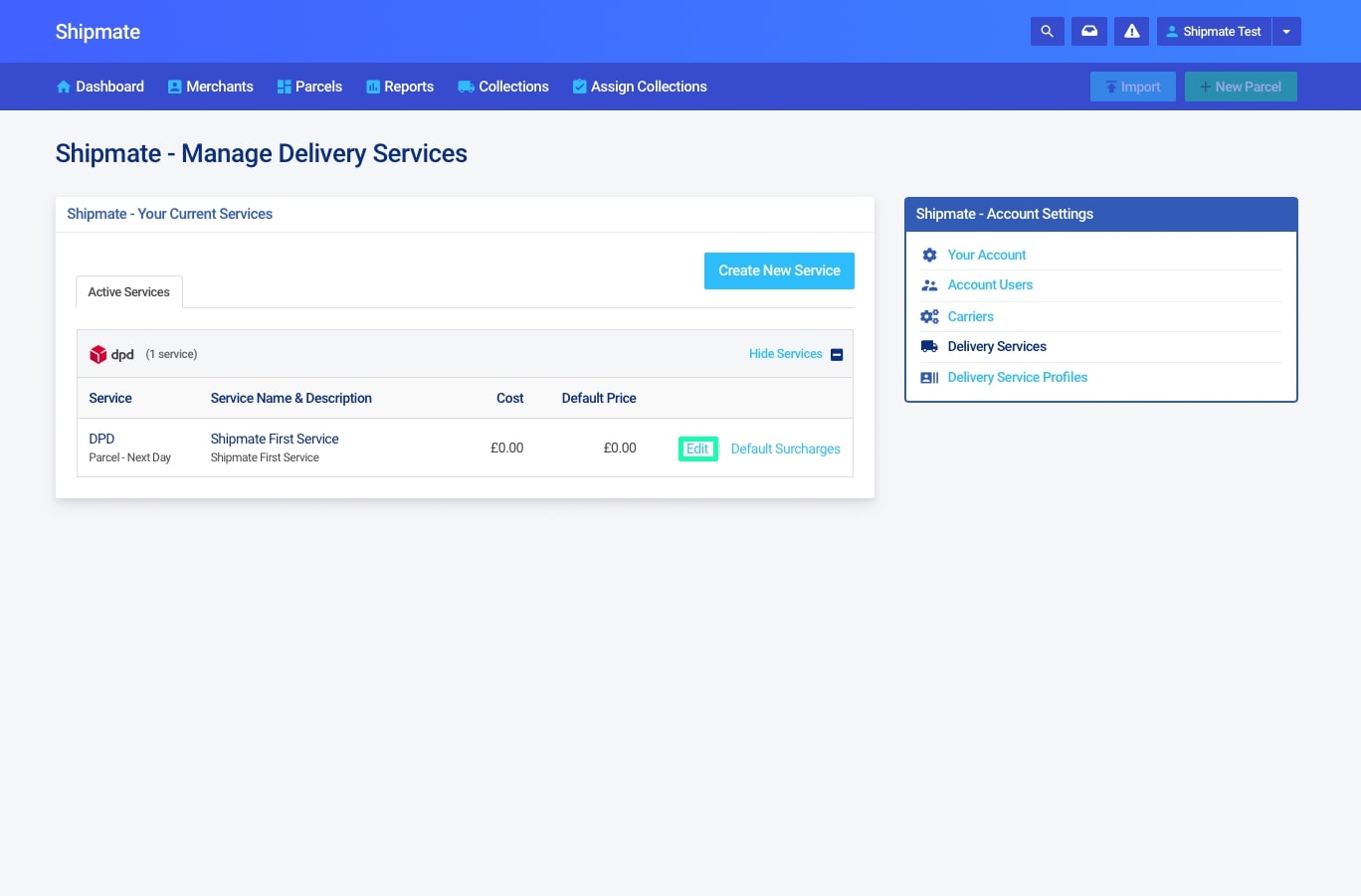 Shipmate - Your Account - Editing a Delivery Service