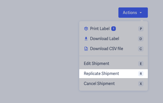 Shipmate - View Shipment - Actions Menu - Replicate Highlighted