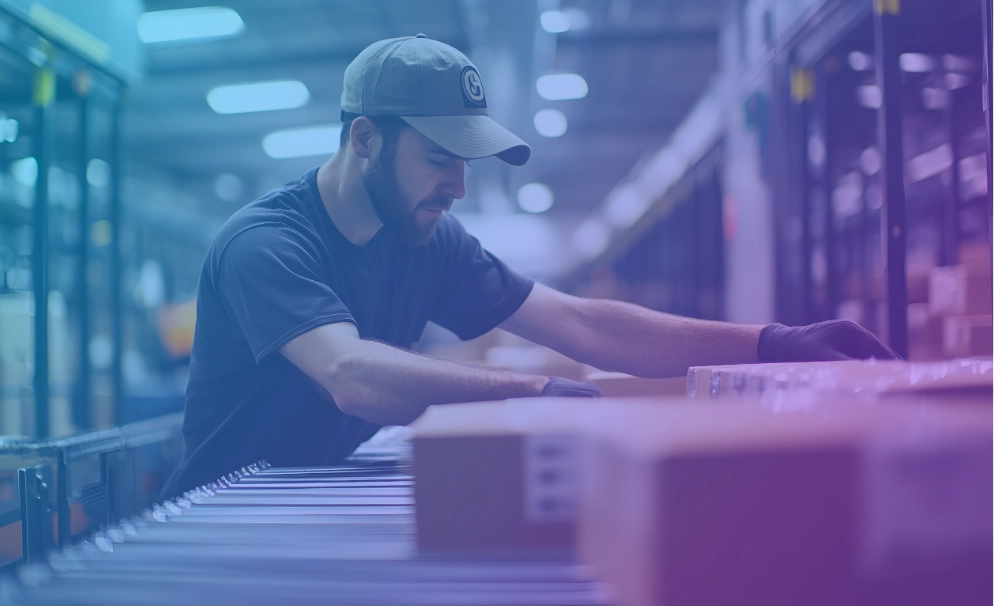 Warehouse operative handling parcels on a conveyor